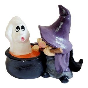 VTG Ceramic Halloween Witch Boy With Cauldron and Ghost Figurine Statue As Is